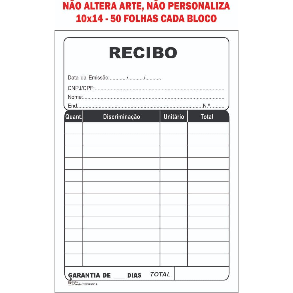 5 Recibo Comercial, 10x14, 1via, 50 folhas cada bloco, Papelaria Anotações Blocos de notas