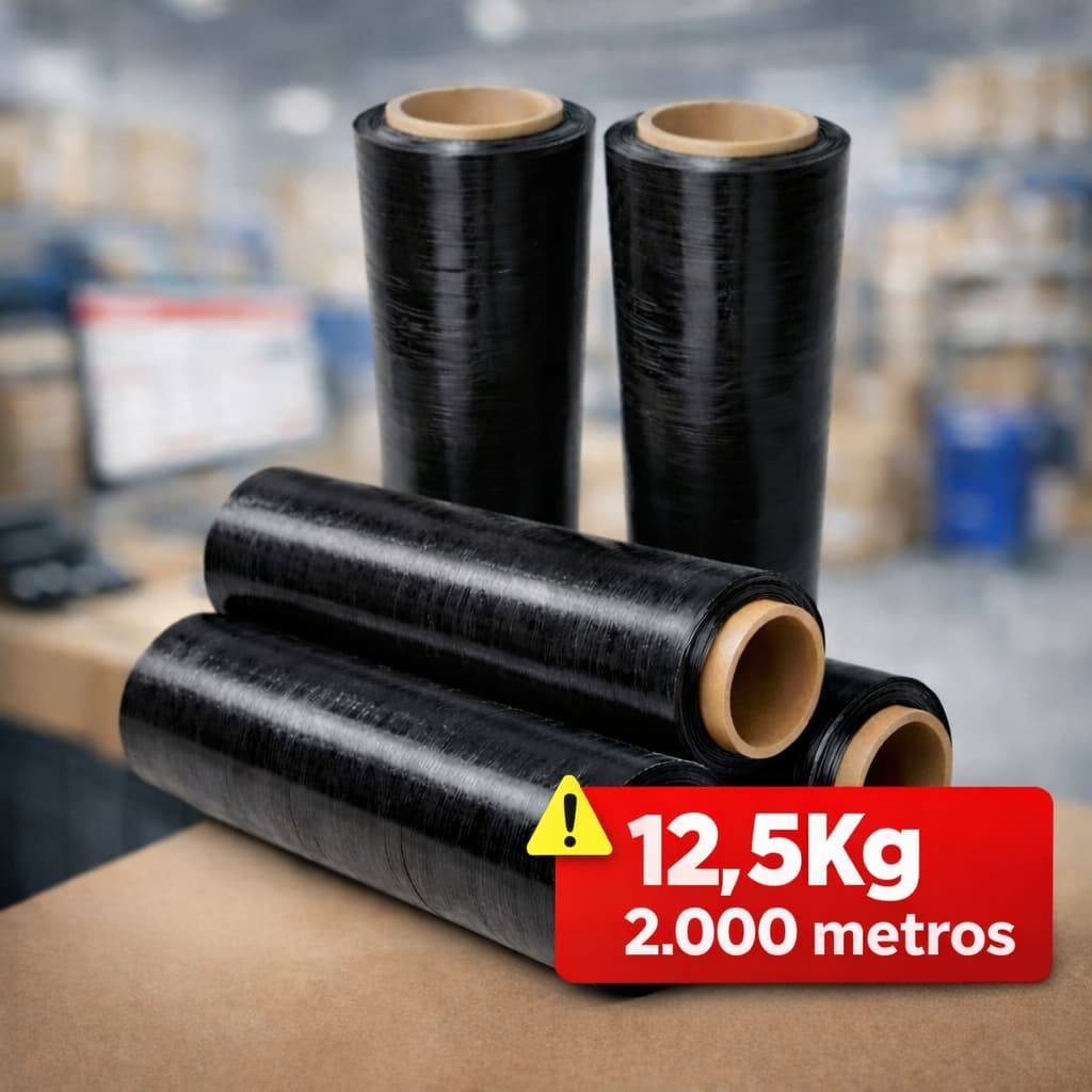 Kit 5 Bobinas Filme Stretch Preto 50cm x 25 micras - (400 Metros / 3kg por bobina)
