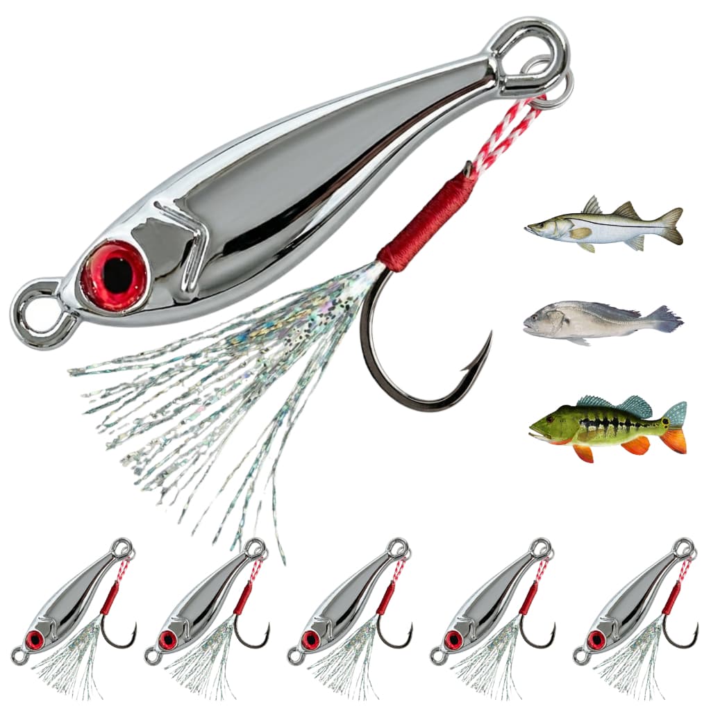 Kit 5 Micro Jig Cromado + 5 Suporte Hook Pindoquinha Isca Artificial Robalo Tucunaré Pescada Corvina