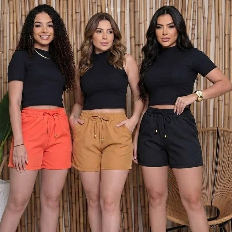 Kit 3 Shorts Duna Crepe Feminina Liso Verão Praia Confortável