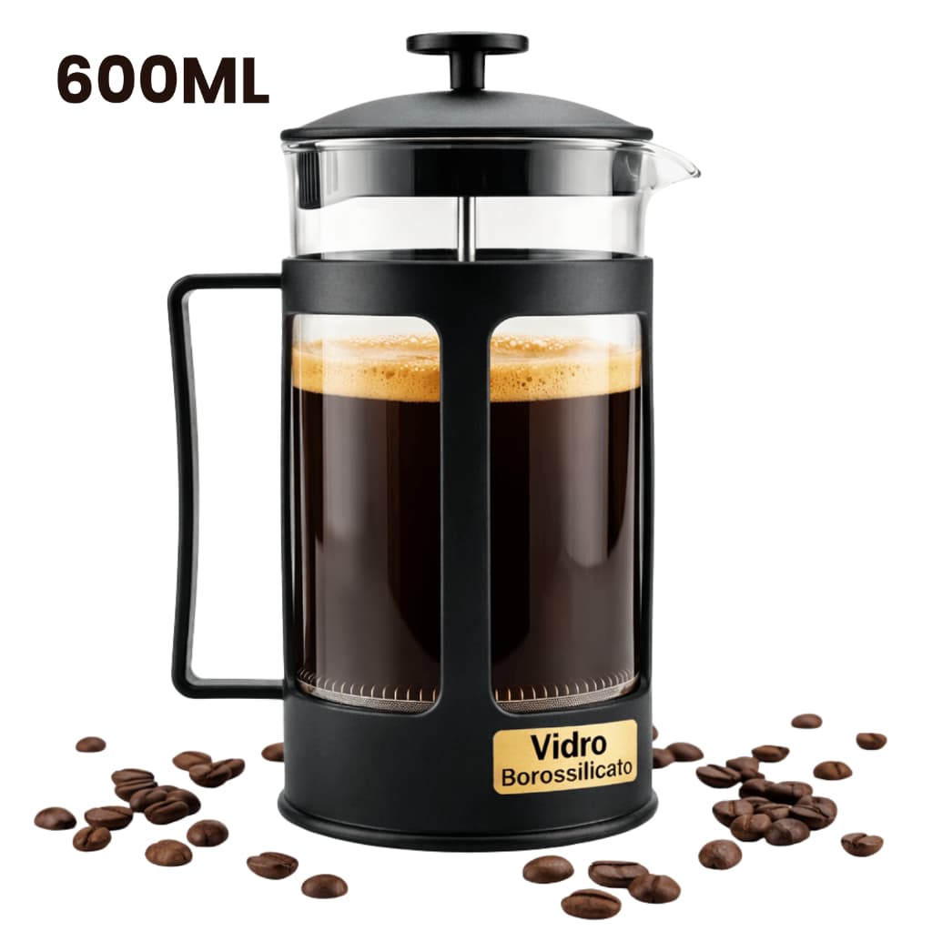 Cafeteira Prensa Francesa 600ml Vidro Borossilicato | Filtro Inox 3 Camadas p/ Café Gourmet e Chá