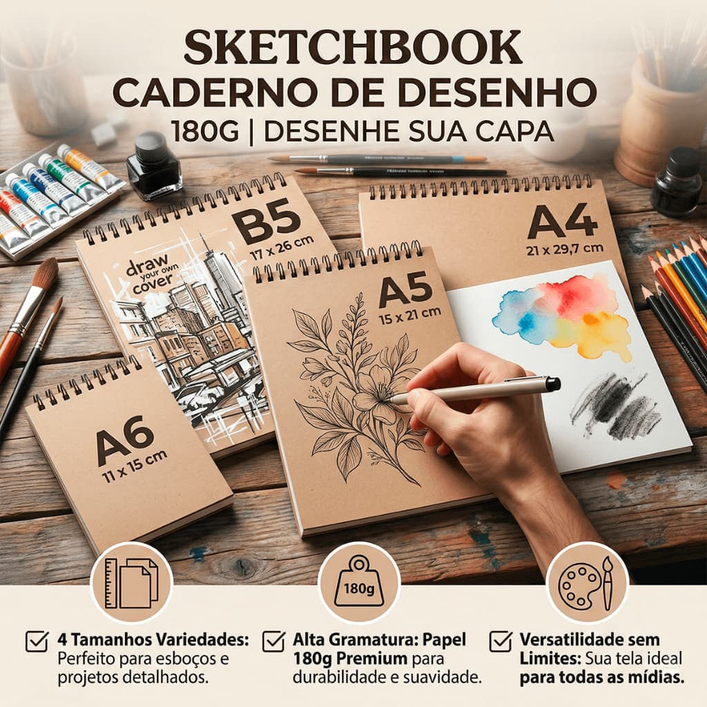 Sketchbook Caderno de Desenho PROFISSIONAL 180g Desenhe sua CAPA desenho a lapis