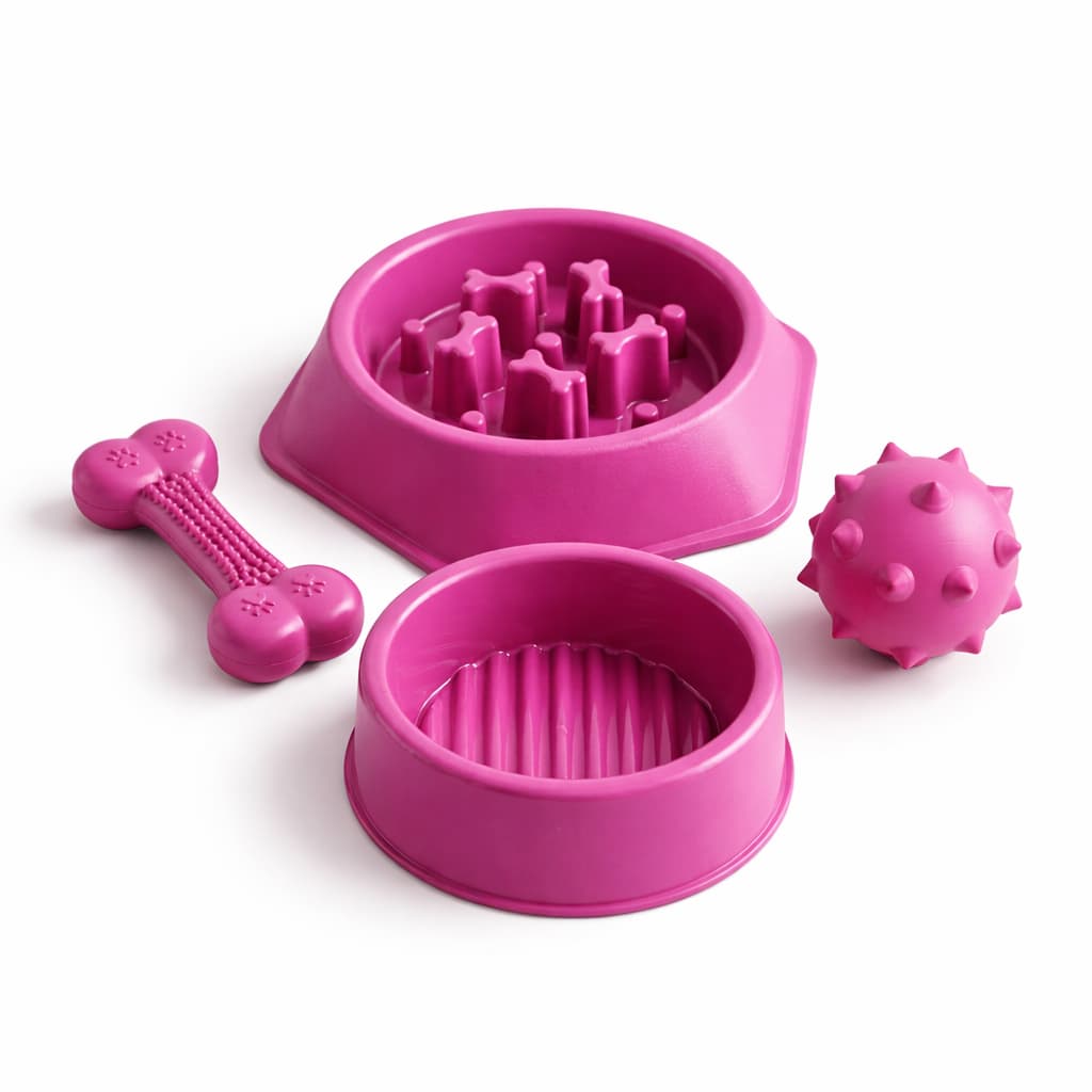 Kit Comedouro Lento e Bebedouro Cachorro Anti Vômito Refluxo com Brinquedos Mordedores Atóxicos Pet