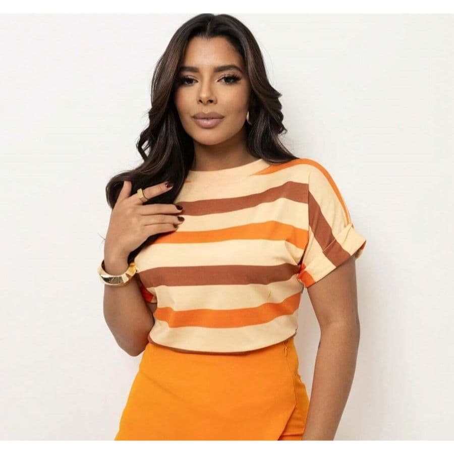 Blusa Feminina Listra Grossa Manga Dobrada