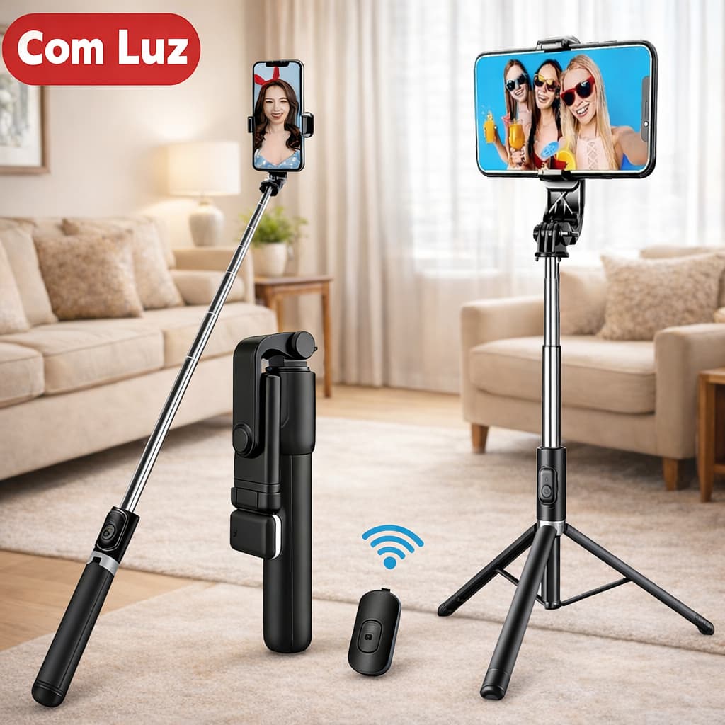 Tripé Bastão de Selfie 170cm Reforçado 360° Bluetooth 3 em 1 Celular Profissional