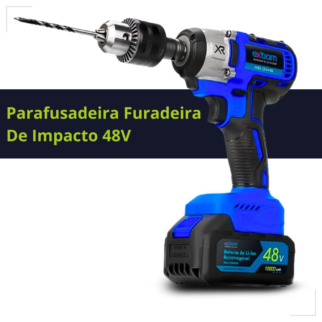 Chave De Impacto 48V Bivolt Com 2 Baterias Recarregável Furadeira Parafusadeira Profissional