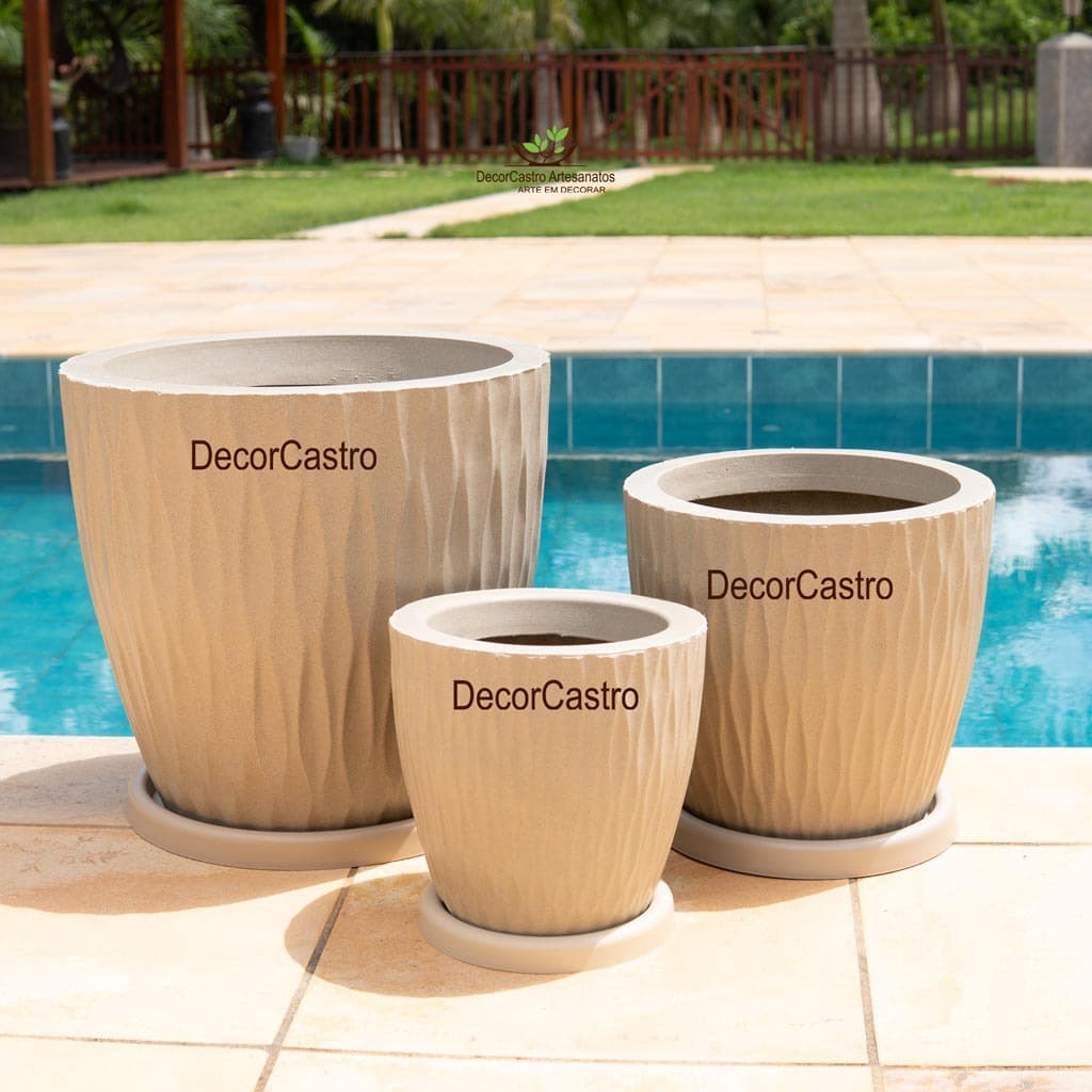 Kit 3 Vasos Grandes para Plantas Bojo Horizontal C/Prato P/M/G Decorativo Jardim Externo