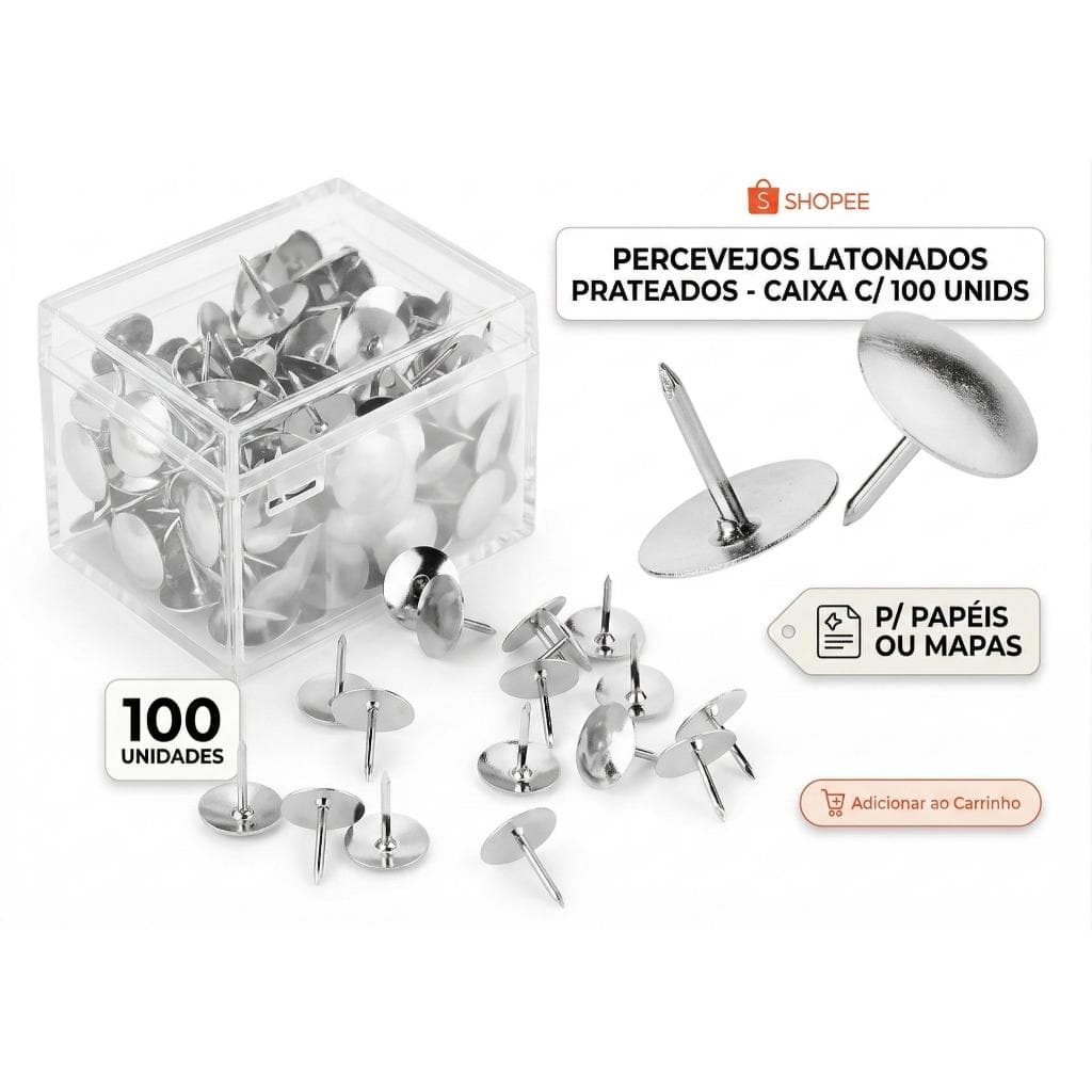 Percevejos Latonados Caixa C/ 100 Unids P/ Papéis Ou Mapas Prateado