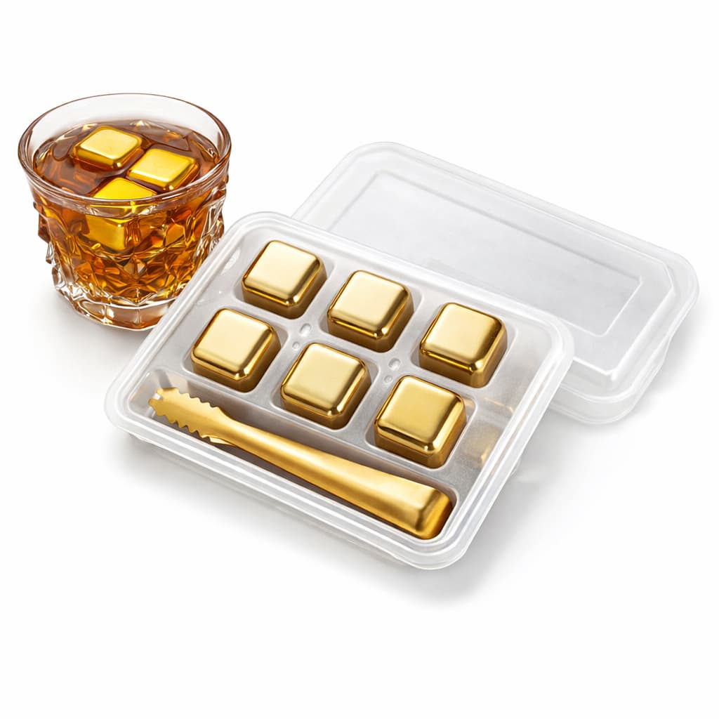 Kit 6 Cubos De Gelo Aço Inox Dourado Ouro + Pegador Whisky