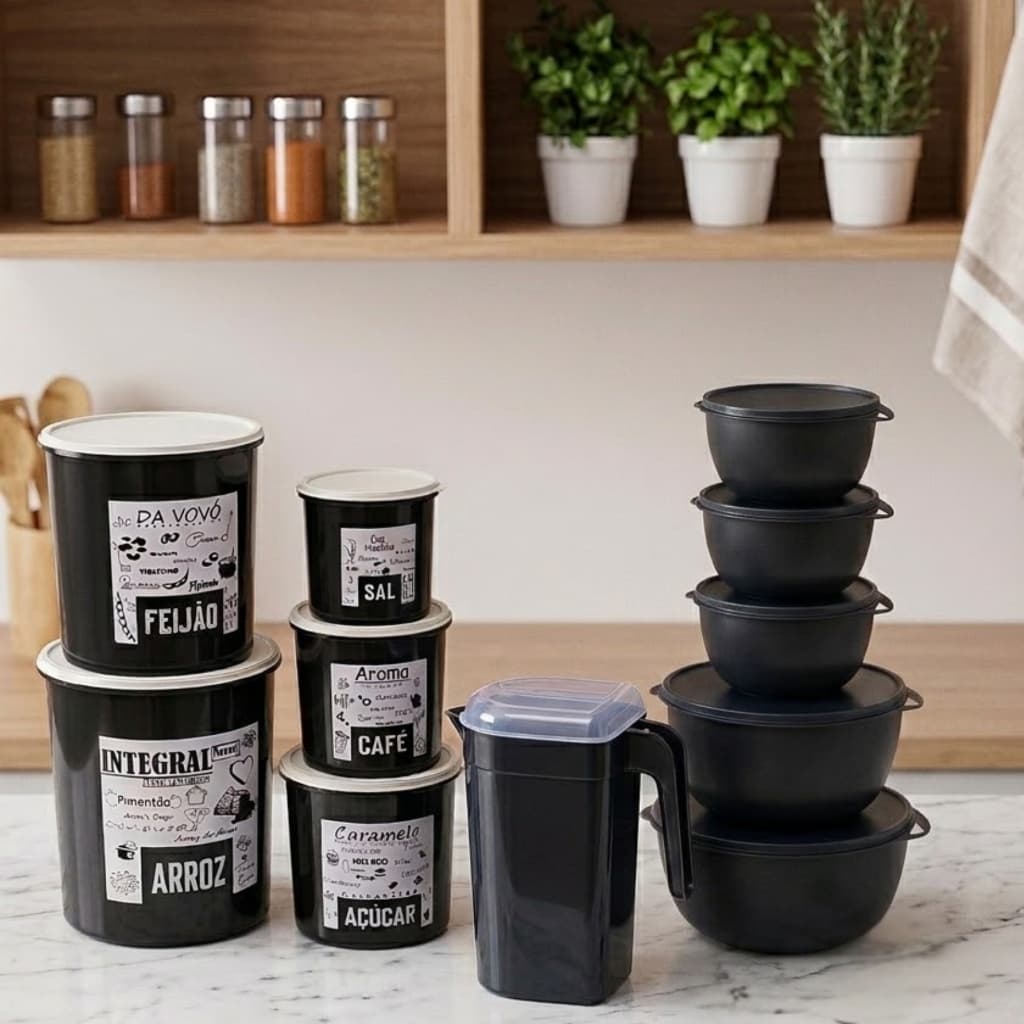 Pote Para Mantimentos Plástico Kit com Saladeiras Boll + Jarra 1,8 L Preto Cozinha
