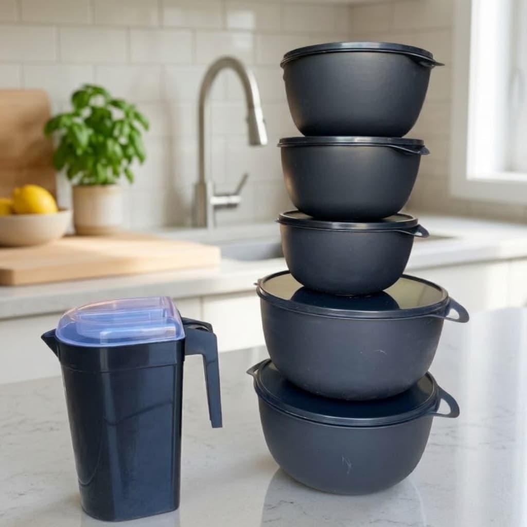Pote Plástico Redondo Saladeira Bowl  Kit 5 Peças + Jarra de Suco 1,8 Litros Cozinha