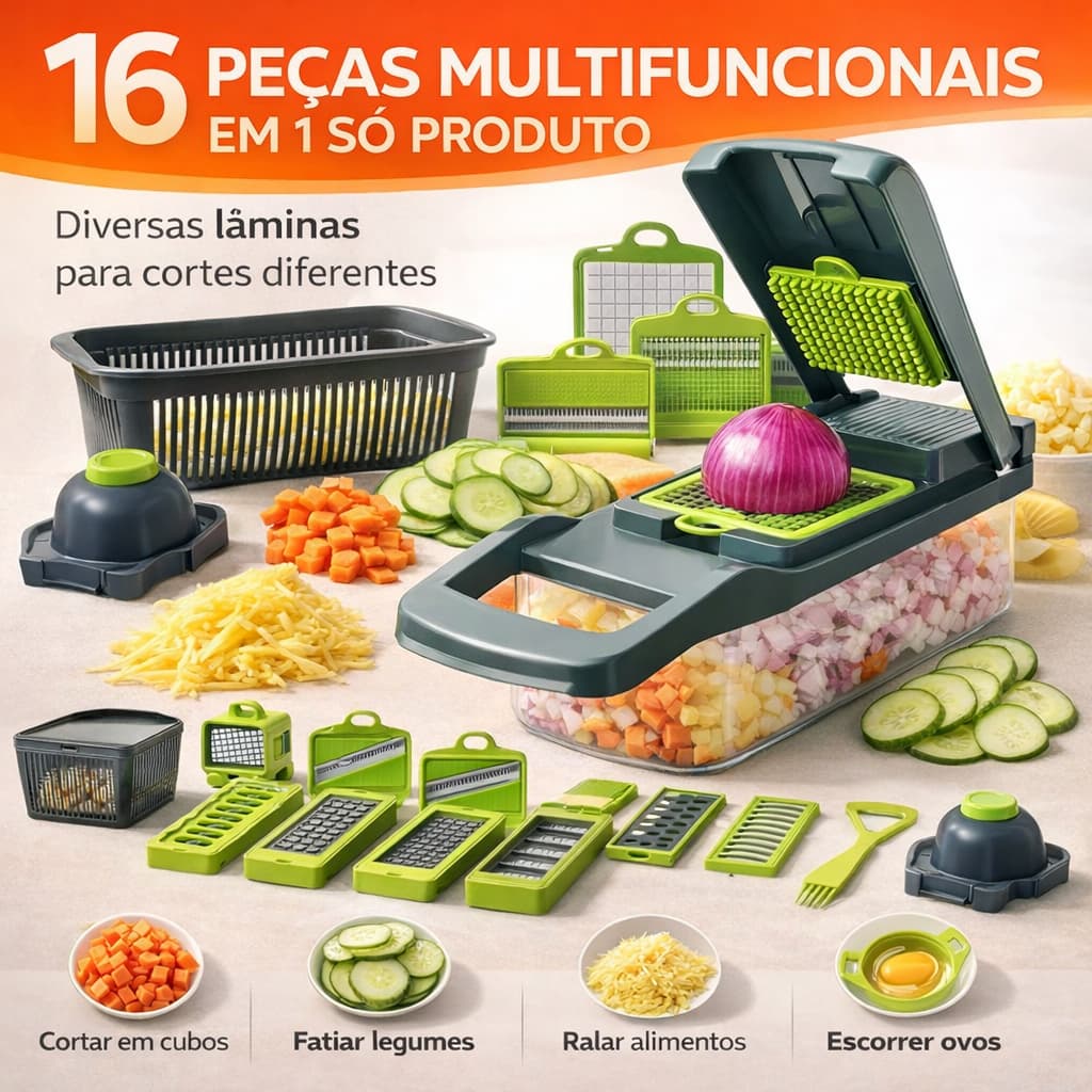 Cortador de Legumes 16 Peças Multifuncional Ralador Fatiador Mandoline Cozinha