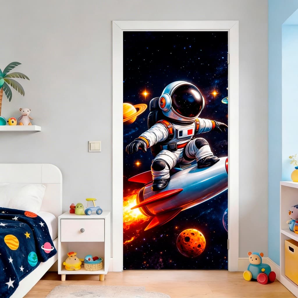 Capa Para Porta Decoração Quarto Astronauta Espaço Menino