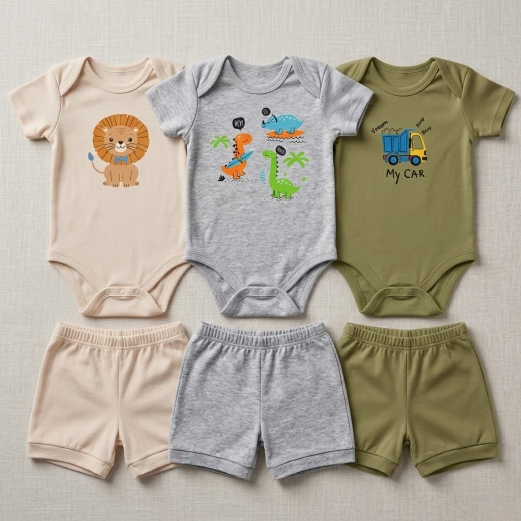 Kit 3 ou 5 Conjuntos Bebê Menino Verão Body Estampado Manga Curta + Shorts Tapa-Fralda 100% Algodão