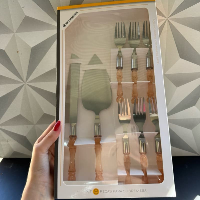 Jogo para sobremesa com 8 peças espátula faca e garfo de sobremesa de inox kit conjunto talheres cristal bolo doce torta