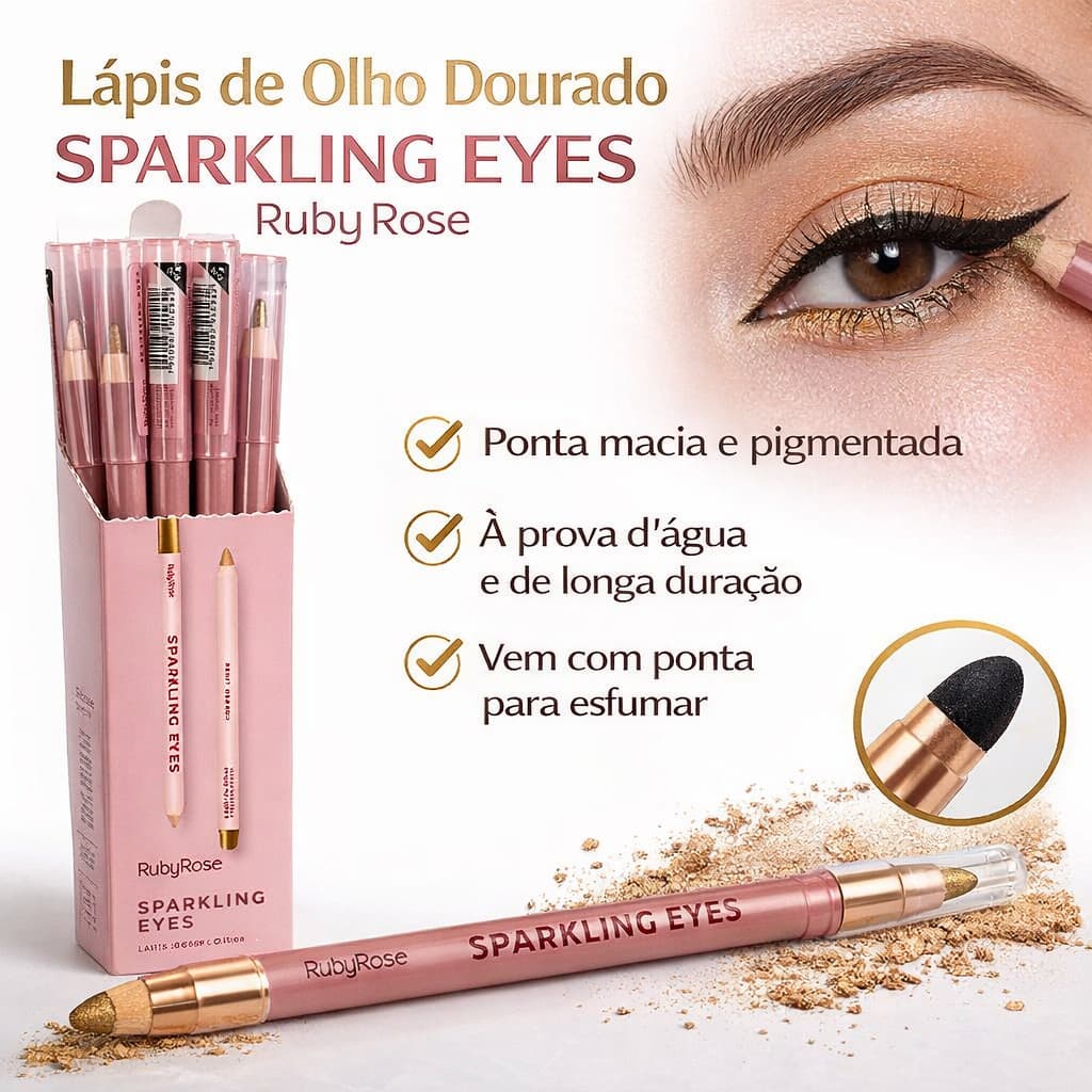 Lápis de Olho Dourado Ruby Rose Sparkling Eyes com Esfumador | Delineador Macio para Maquiagem Profissional