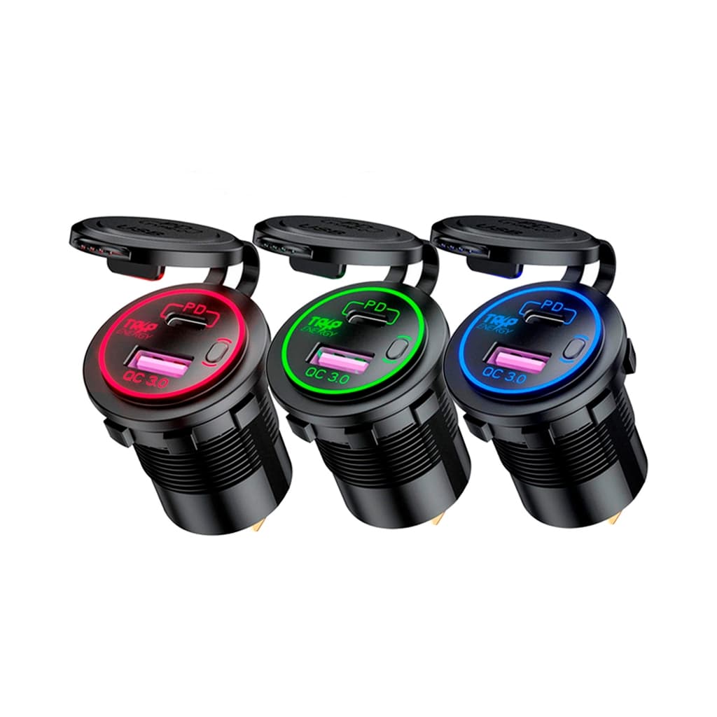Tomada USB Carregador Turbo Veicular Duplo Saída PD e QC 3.0 2 Saídas Base Principal