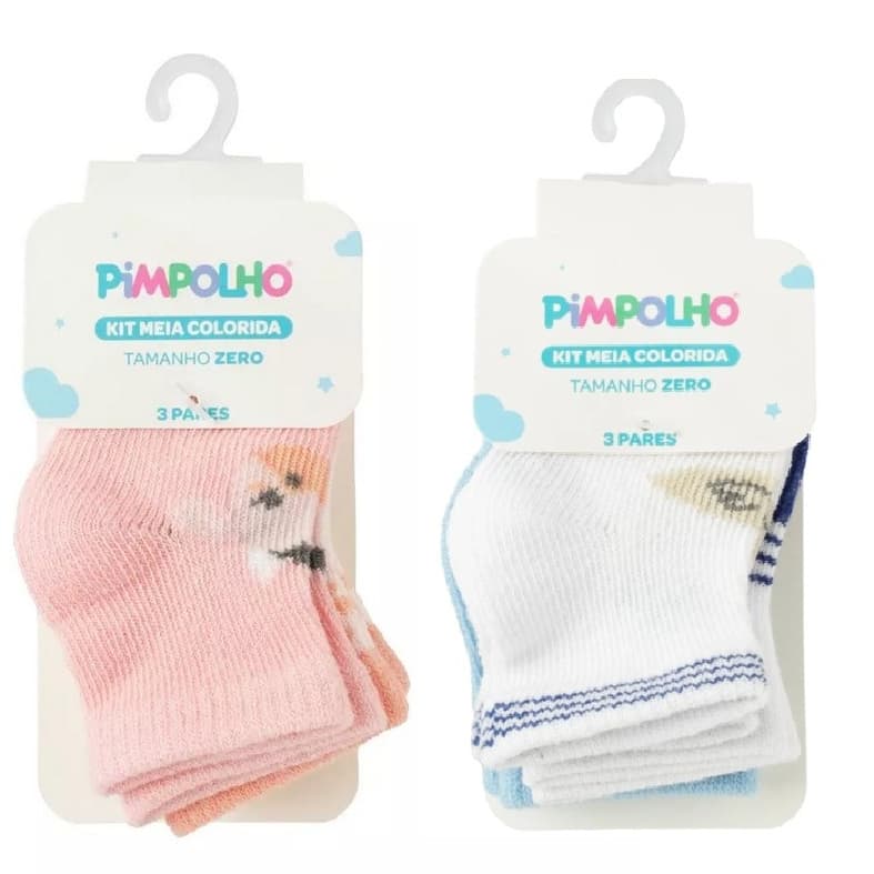 Kit 3 Pares Meia Pimpolho Colorida Bebe Prematuro Recem Nascido Menino Menina