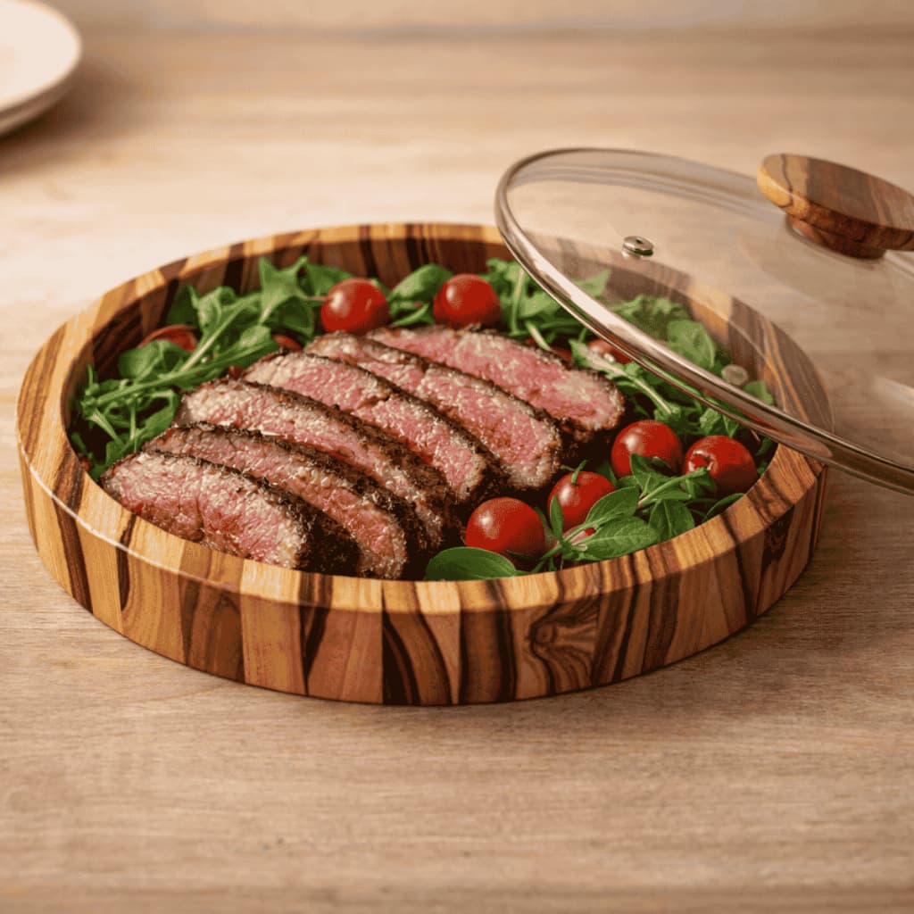 Saladeira Gamela Redonda Madeira com Tampa Vidro 25cm Churrasco