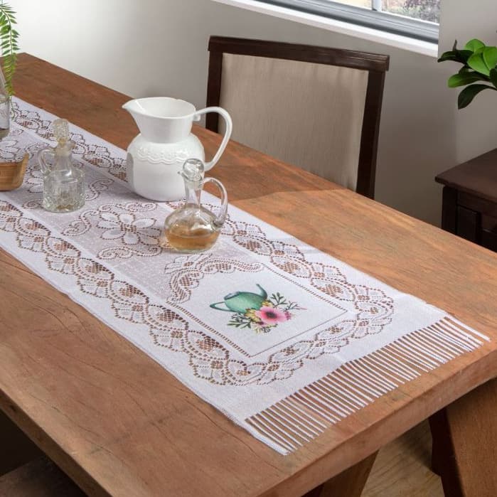 Caminho de Mesa Renda Branca Estampada Café Bule 1,50×0,40m Premium