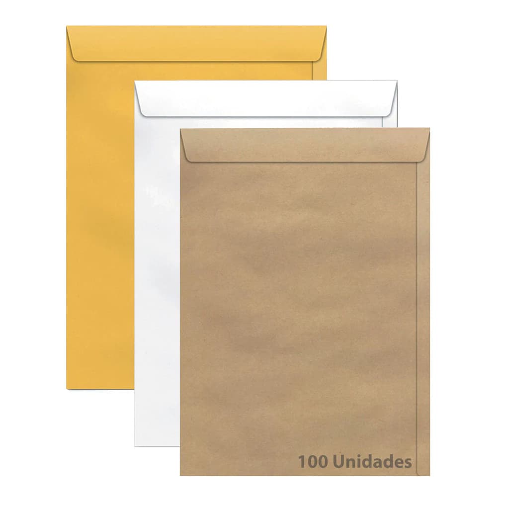 KIT 50 Unidades de Envelope Tipo Saco Para Documento A4 Kraft Pardo Branco e Ouro 22,9x32,4cm