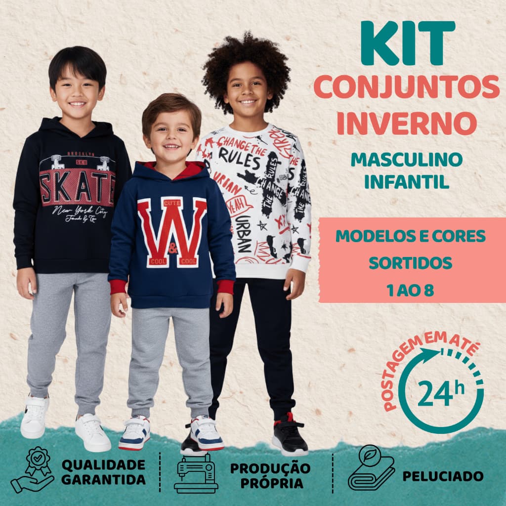 Conjunto Moletom Infantil Masculino Peluciado Inverno Menino Kit 4 6 ou 10 Peças Sortidas Tam 1 Ao 8