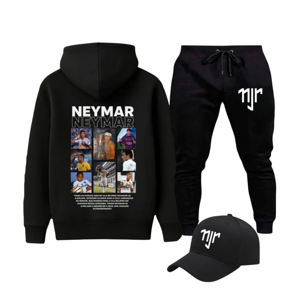 Conjunto Moletom Canguru Com Boné Streetwear Neymar Jr Jogador Futebol Brasil Premium Unissex Sta