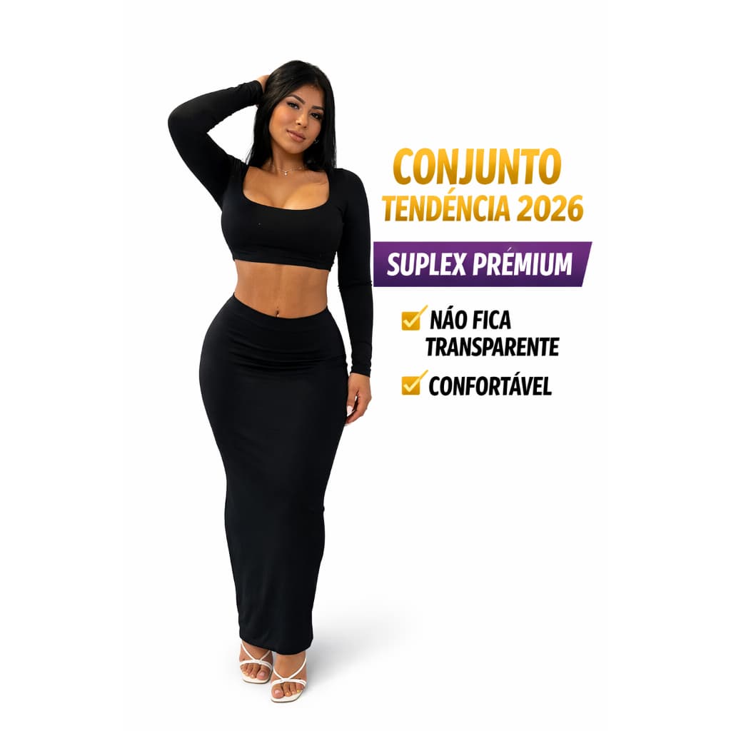 Conjunto Feminino Cropped Manga Longa Saia Longa Suplex Moda Elegante