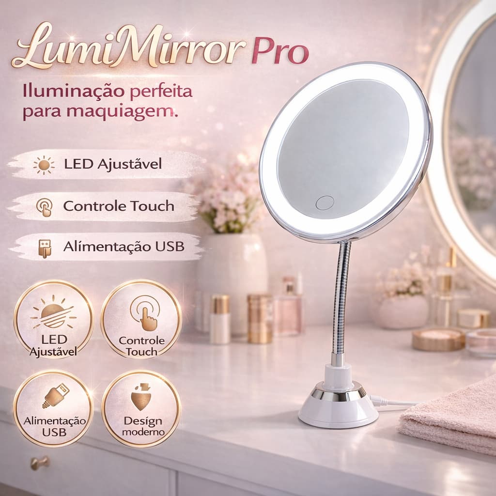 Espelho de Mesa LED Iluminado USB Toque Regulagem de Brilho Maquiagem LumiMirror Pro