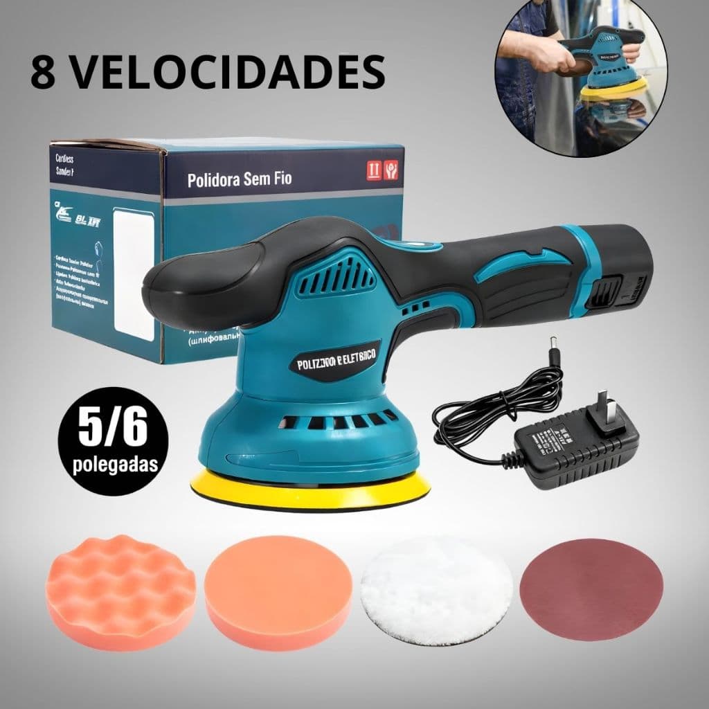 Lixadeira Politriz Portátil Sem Fio 12V 8 Velocidades Polimento Automotivo Orbital Carro Prática