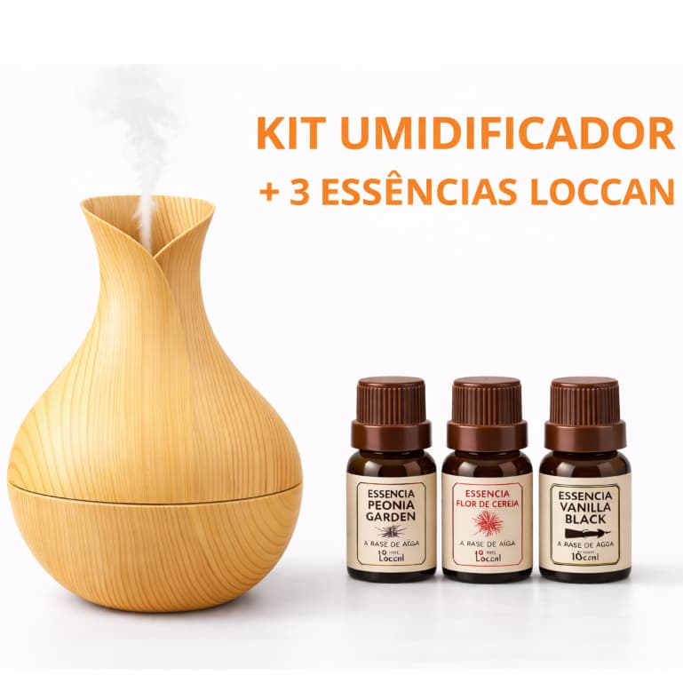 Kit Umidificador De Ar LED + 3 Essências Loccan Base Água 10ml Aromatizador Difusor Ambiente Escolha Modelo