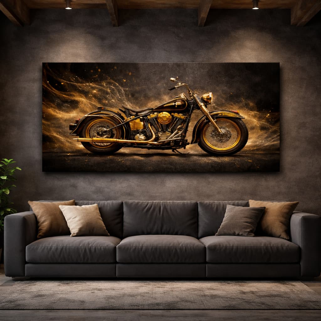Quadro Decorativo Moto Antiga Vintage Retrô Classica Preta e Dourada Estilo Biker MDF Grande