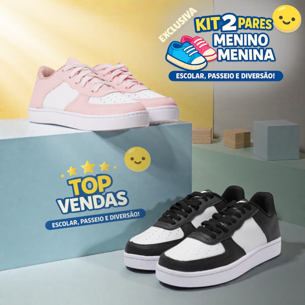 KIT 2 PARES Tênis Infantil Menino e Menina Casual Confortável Leve Sapatênis Infantil Antiderrapante