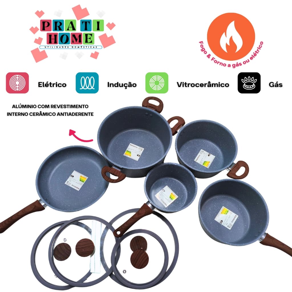 Kit Jogo de Panelas Turim 5 Peças Cerâmico Indução Cozinha