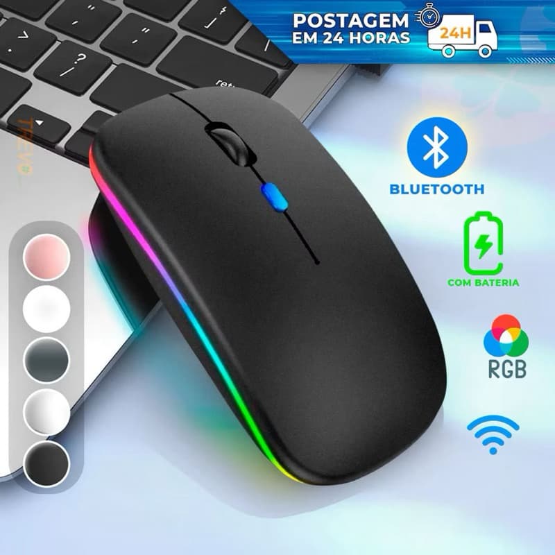 Mouse Sem fio Recarregável LED RGB Silencioso 2.4GHZ Ergonômico Gamer