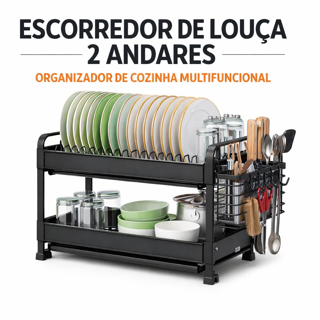 Escorredor de Louça 2 Andares Grande Preto | Organizador de Pia Cozinha Porta Pratos Copos Talheres