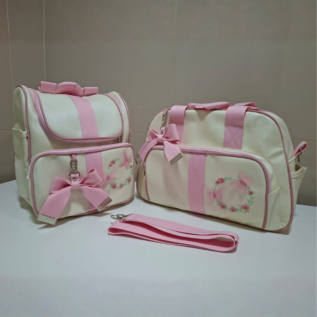 Kit Bolsa de Bebê e Mochila Maternidade Luxo Borboleta Bege/Rosa ou Rosa