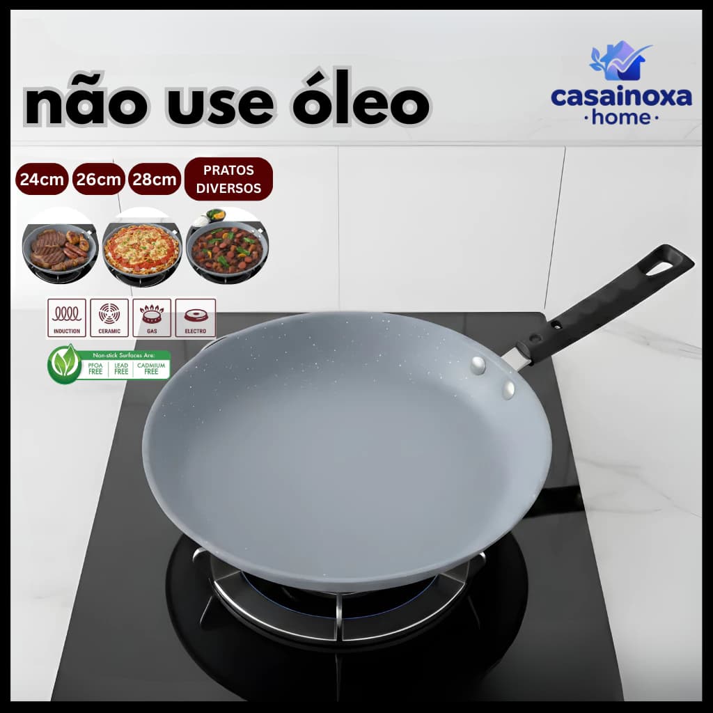 Frigideira Antiaderente de Alumínio Revestimento Cerâmico Premium Funda Cabo Madeira Não Gruda 24CM/28CM