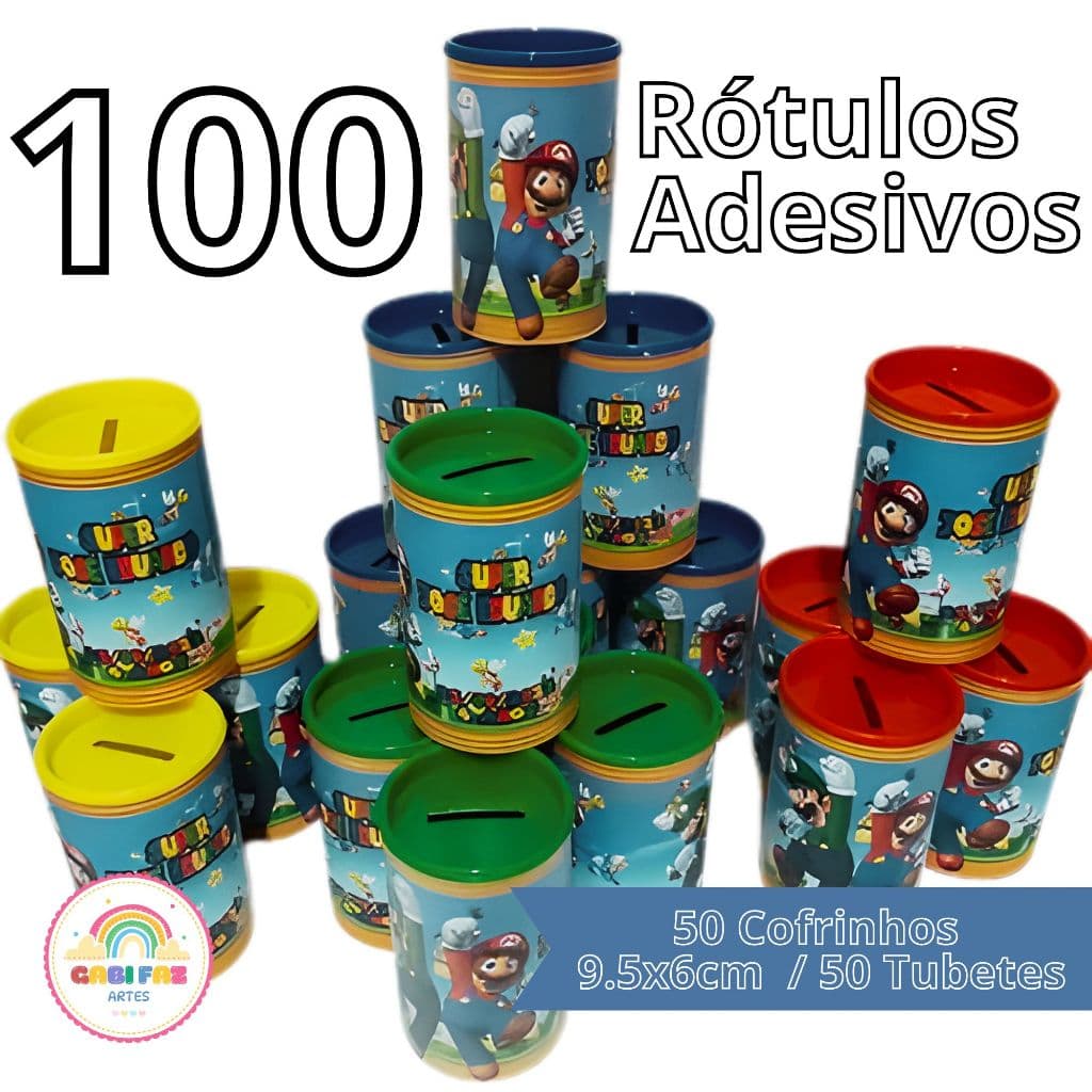 100 Rótulos Adesivo Personalizado p/50 Cofre 9.5X6cm e 50 Tubetes, Aniversário, Lembrancinha, Cofrinho