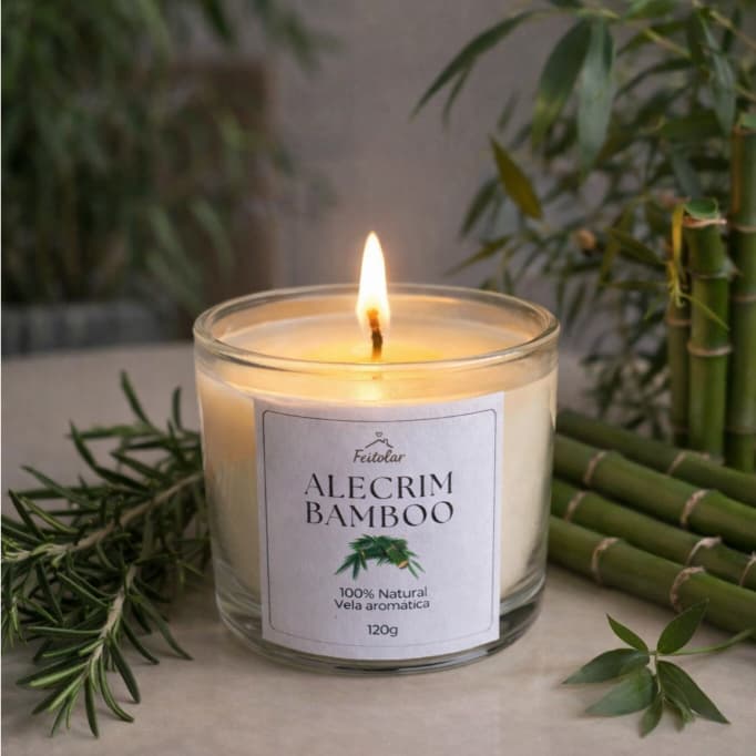 Vela Aromática 120g Alecrim e Bamboo Cera 100% Natural Coco Queima Limpa Não Tóxica