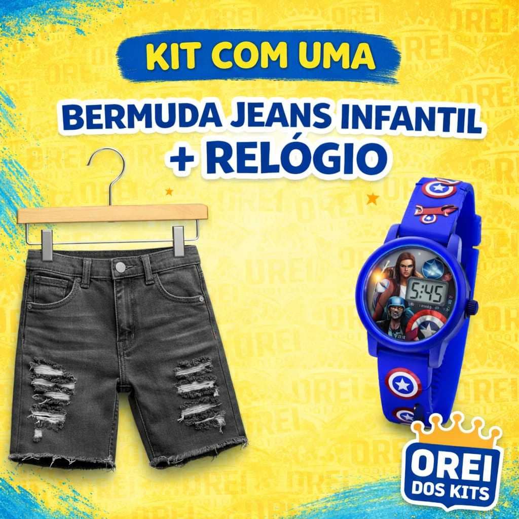 Bermuda Jeans Grafite Infantil Moda Verão Kit Juvenil + Relógio de Herói