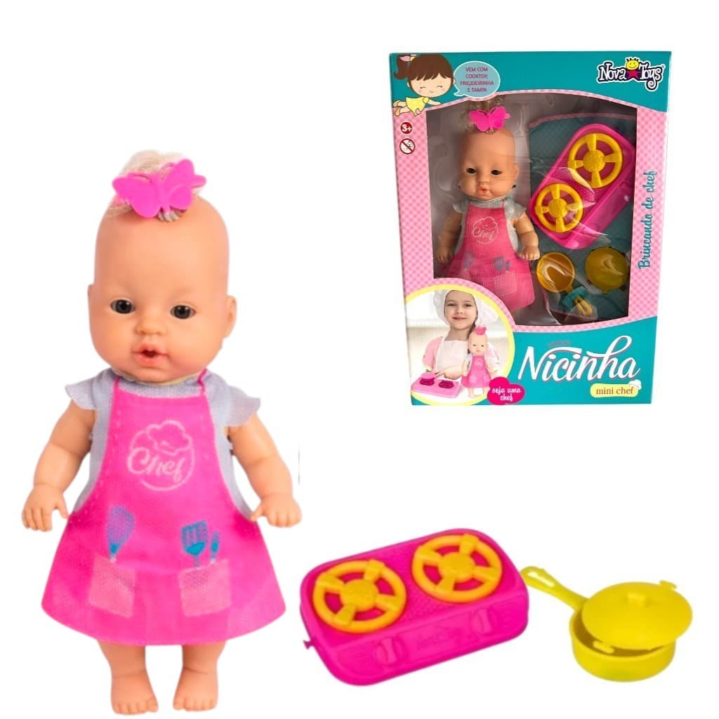 Boneca Bebê Infantil Mini Chef com Fogão e Panela Brinquedo de Cozinha Educativo para Menina 3+