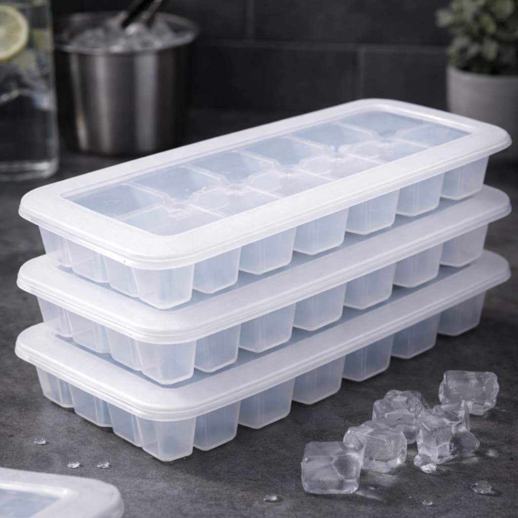Kit Forma De Gelo Com Tampa 14 Cubos Empilhável Solta Fácil