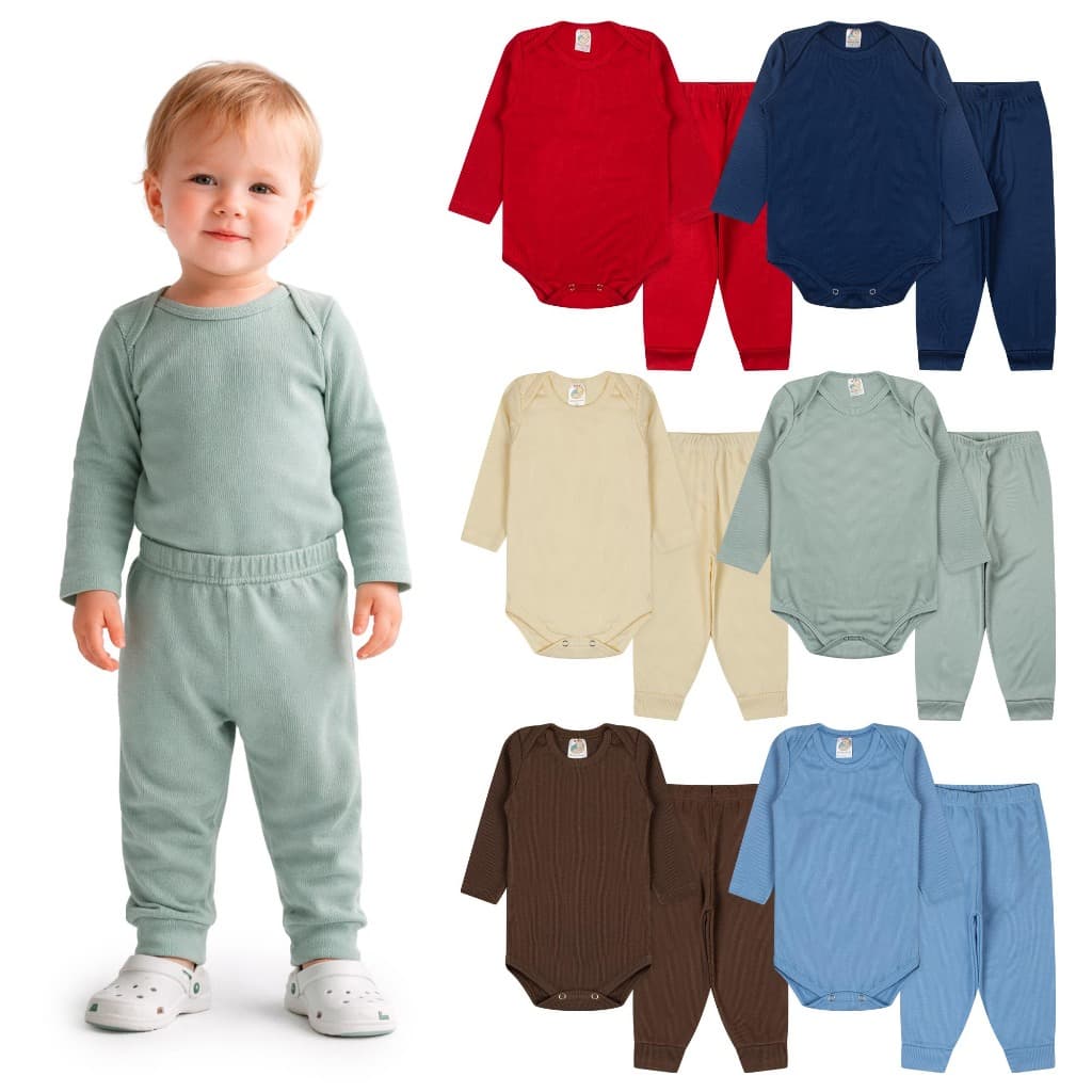 Kit 4 Peças Bebê Ribana Canelada 2 Bodies Manga Longa + 2 Calças Conforto Diário.