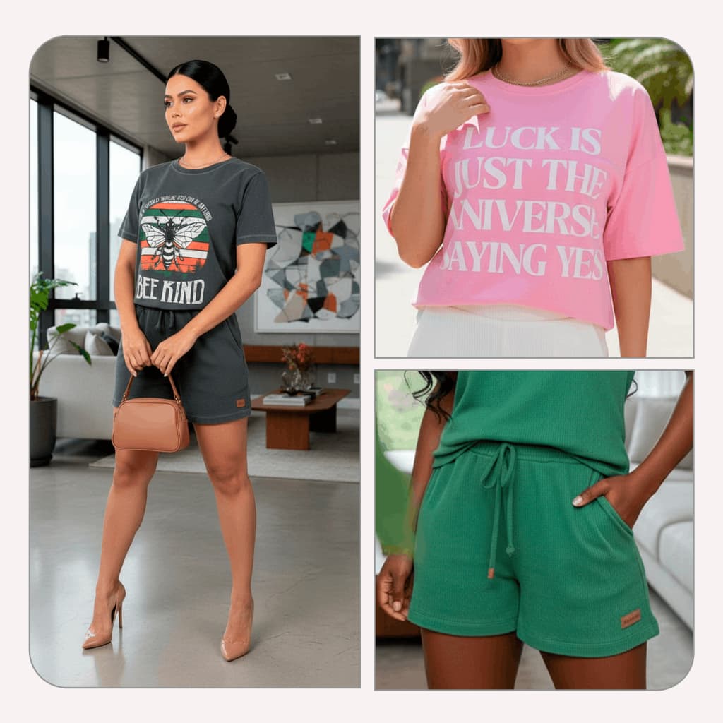 Conjunto Estonado Feminino Verão com Shorts ou Saia e T-tshirt Moda Blogueira Tam P ao GG - L11