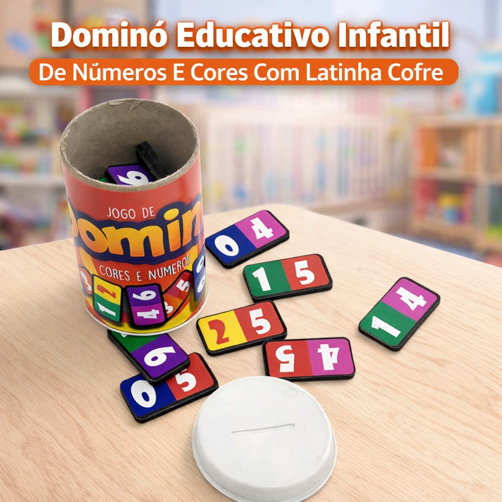 Dominó Educativo Infantil De Números E Cores Com Latinha Cofre Didático