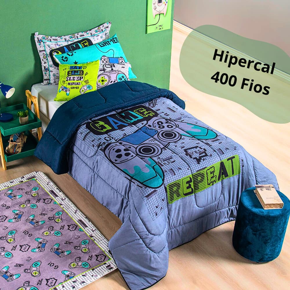 Kit Edredom Gamer 5 Peças Infantil Juvenil 400 Fios Estampado Hipercal Macio