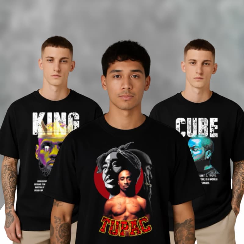 Camiseta Masculina Oversized Streetwear Estampa Hip Hop Algodão Penteado Premium Gola Canelada