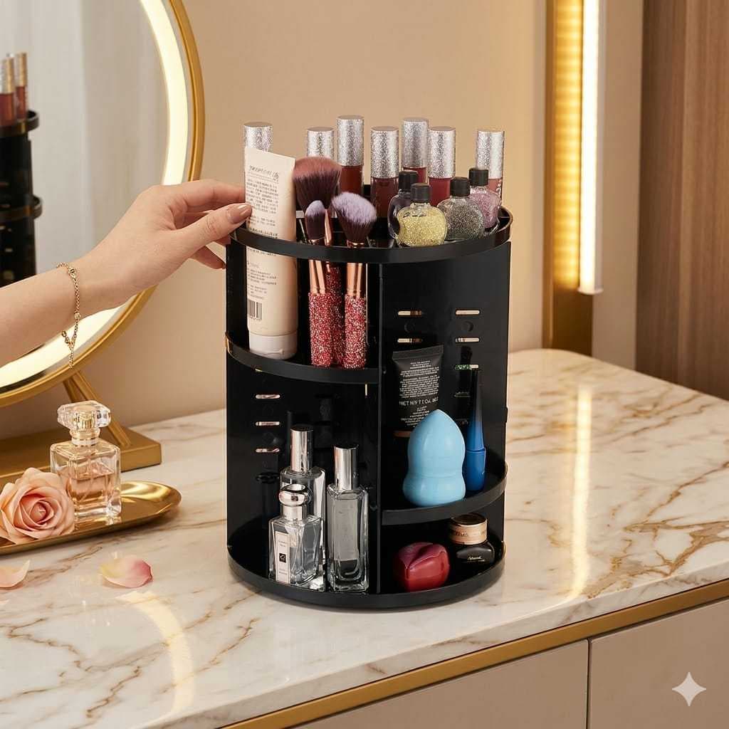 Organizador Rotativo Preto de Maquiagem e Cosméticos em Plástico