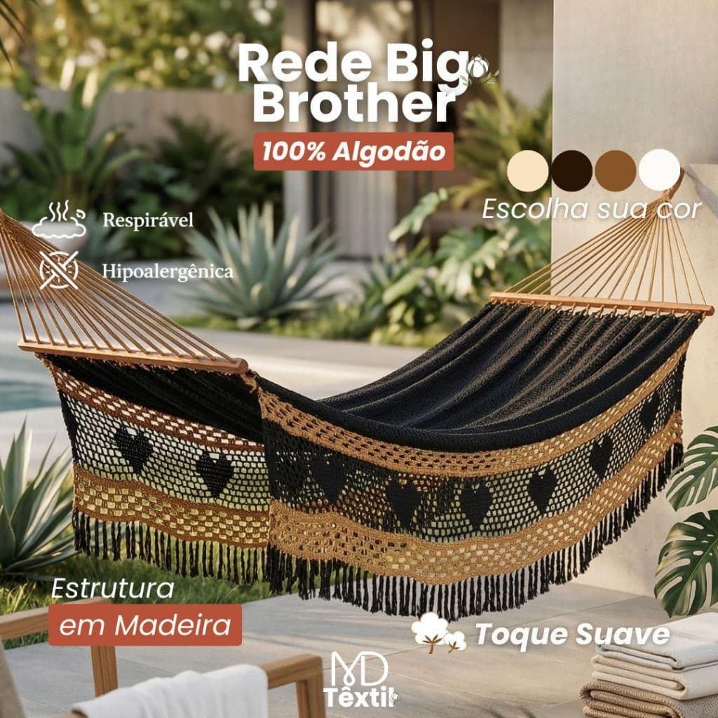 Rede de Descanso Big Brother 100% Algodão 4,5m Punho a Punho com Barras de Madeira Premium